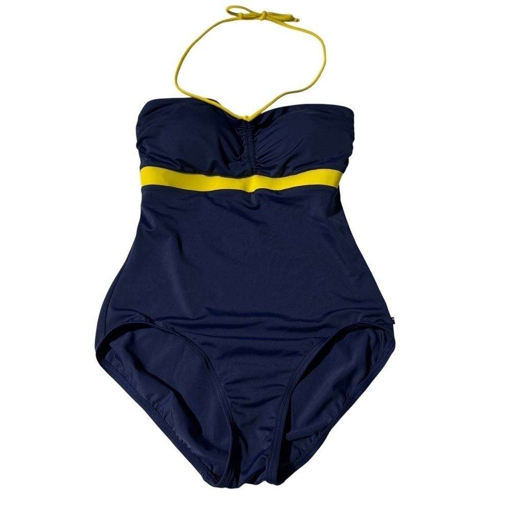 Tommy Hilfiger One Piece Bathing Suit Navy Blue with Yellow Stripe Size 8